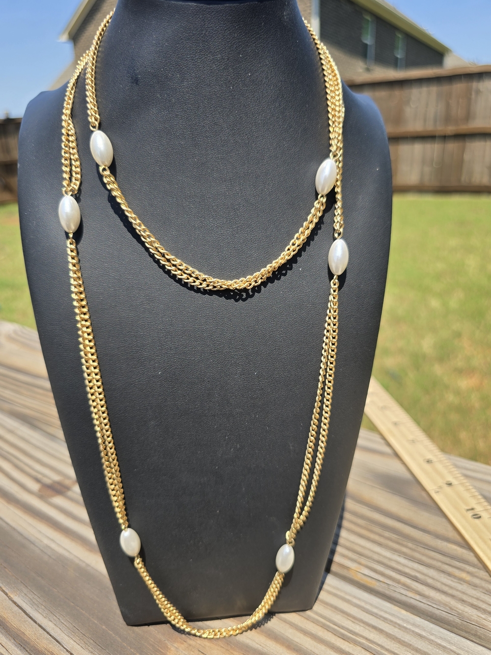 Vintage Gold and Pearl Station Long Necklace - Gold, White